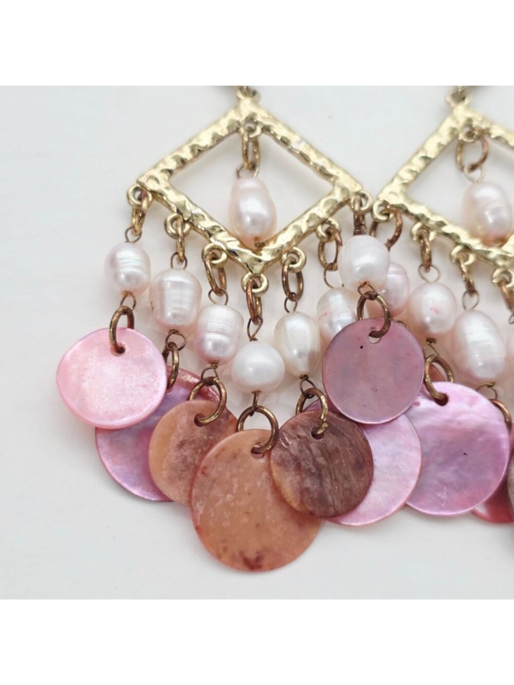 Pink & Gold Chandelier Earrings With Freshwater Pearls & Shell Discs 3" - Picture 3 of 7